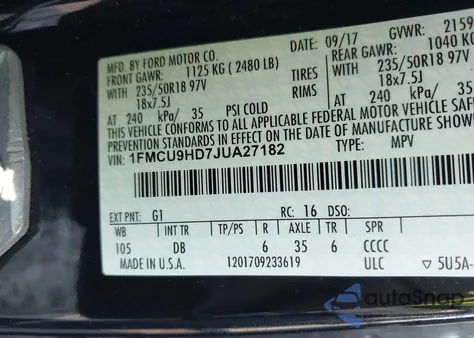 2018 Ford Escape Sel z USA, uszkodzony, nr VIN 1FMCU9HD7JUA27182